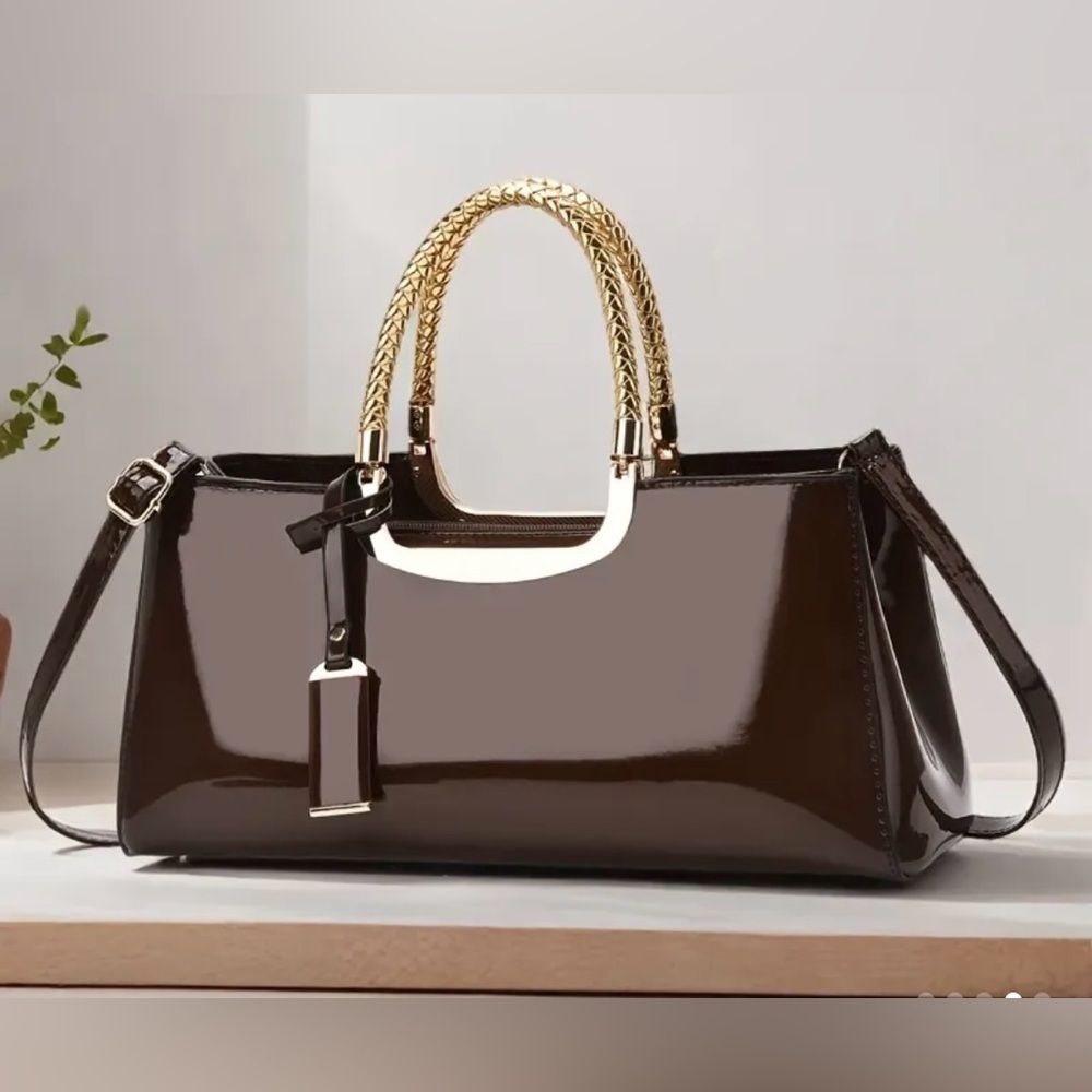 NWOT Elegant Evening Satchel Crossbody Bag Glossy Brown Zipper PU Leather Dusty
